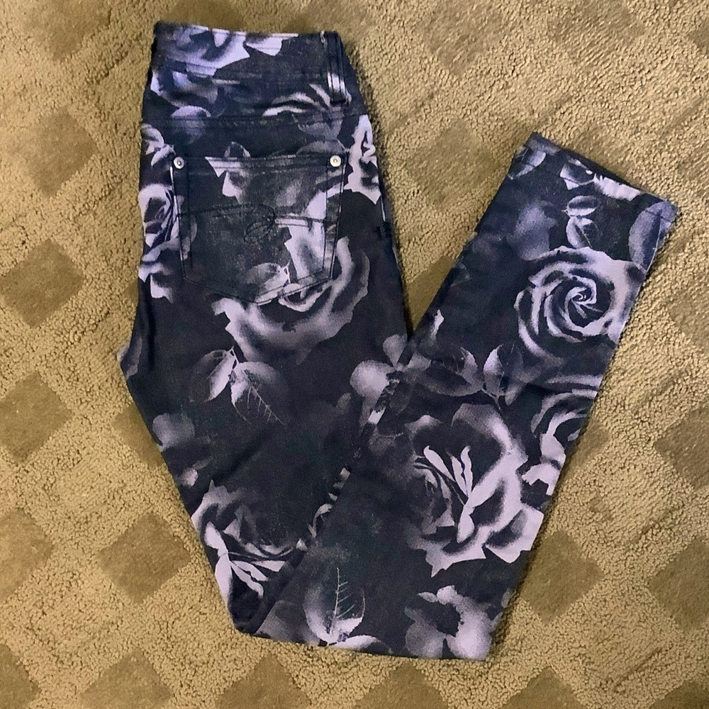 SUPER SKINNY SILVER SHIMMER METALLIC FLORAL JEANS SIZE 14